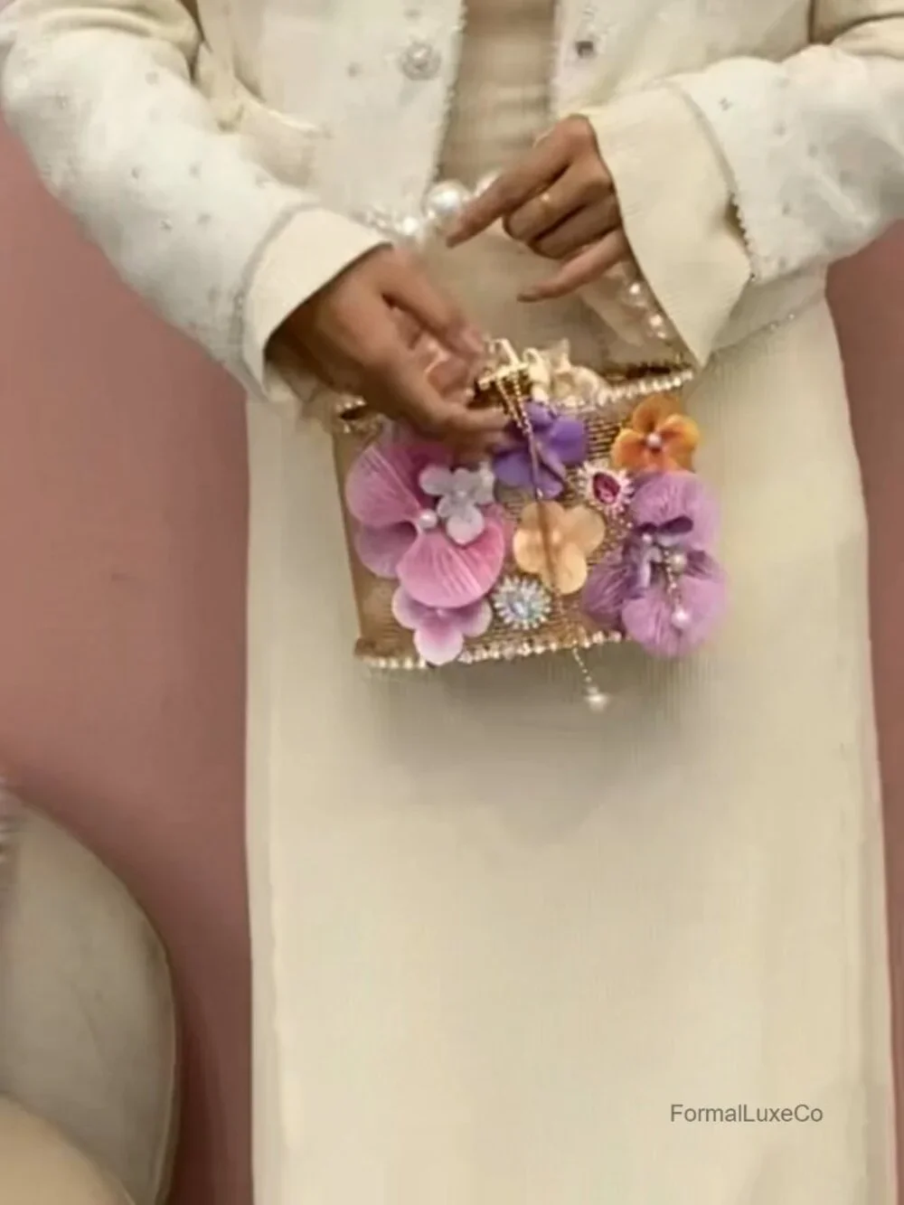 Evening Bag Flower Shaped Rhinestone Gold Metallic Bucket Crossbody Clutch Party
